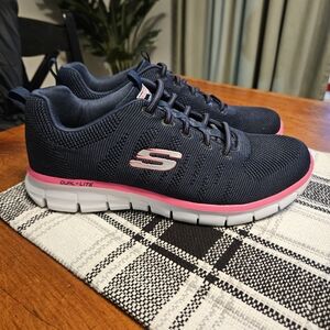 Skechers Women's Dual Lite Hands Free Slip Ons Navy and Pink Sneakers